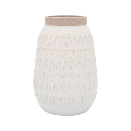 CER, 8"H CARVED VASE, BEIGE
