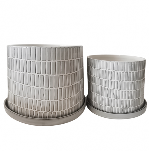 S/2 10/12" TRIBAL PLANTER W/ SAUCER, WHITE