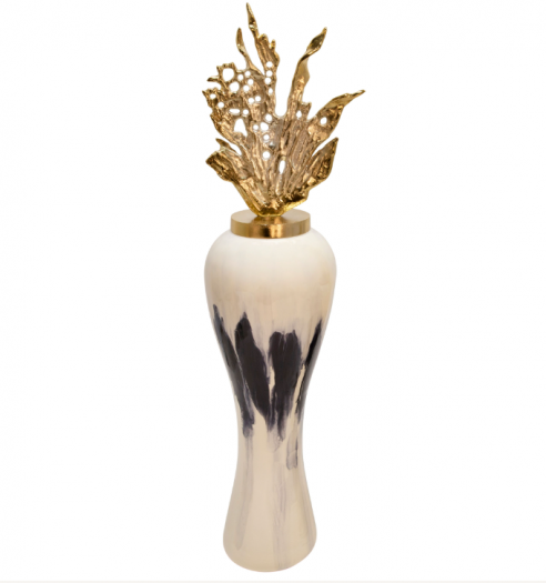 43"H METAL VASE W/ LEAF LIKE LID, WHITE